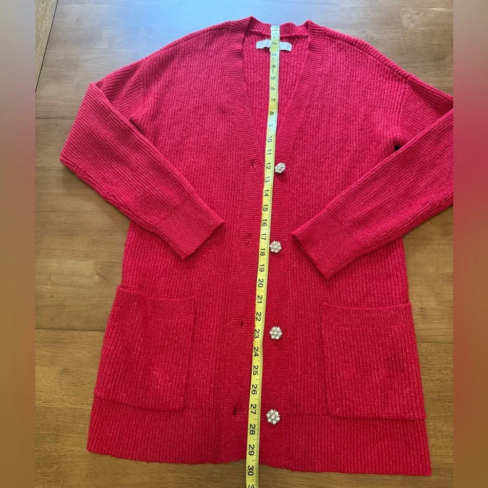 LOFT Red Jeweled Button Cardigan Sweater | Size Small | NWOT | Holiday Glam